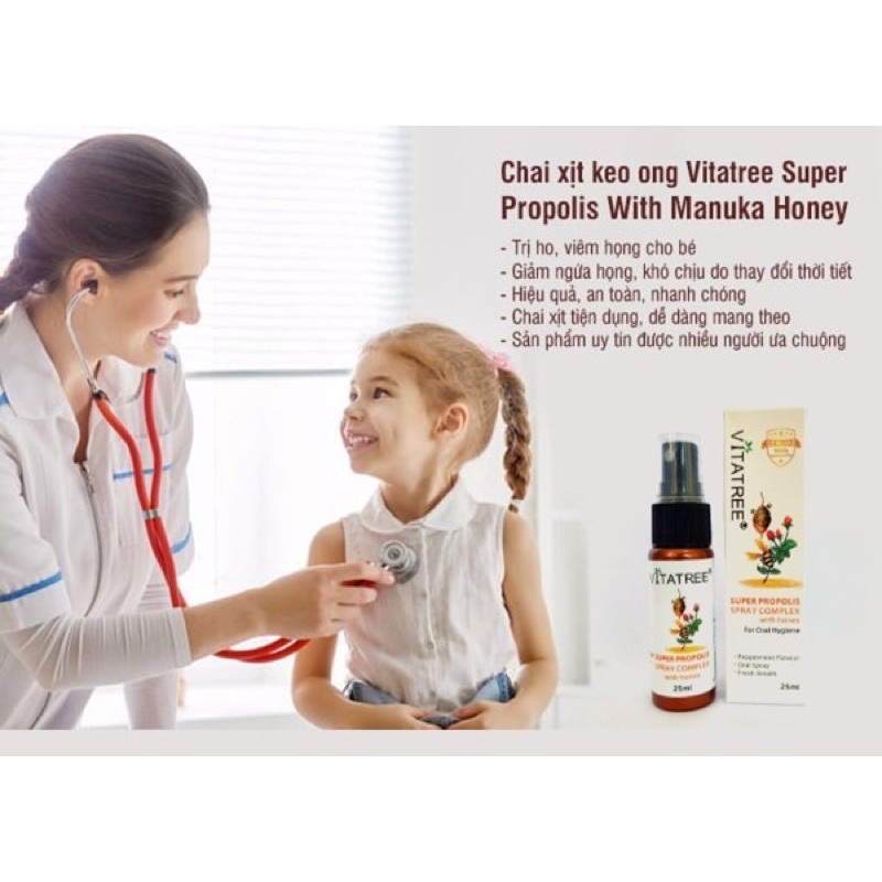 Xịt họng keo ong Vitatree Super Propolis Spray complex with honey , chai 30ml, nhập khẩu Úc