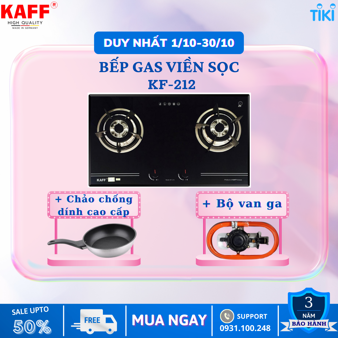 Bộ Bếp ga âm viền sọc KAFF KF- 212 bao gồm: Bếp ga + chảo chống dính cao cấp + bộ van ga - Hàng chính hãng