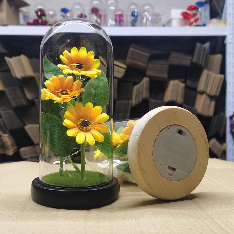 Bó 3 Hoa Hướng Dương trong lồng kính có đèn led - quà tặng mẹ - tặng chị - tặng người yêu