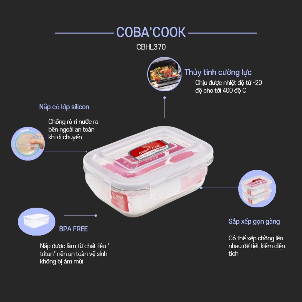 Bộ 4 hộp đựng cơm thức ăn,trữ thực phẩm thủy tinh chịu nhiệt COBA'COOK 2 hộp vuông 320ml + 2 hộp tròn 400ml- CCR4S34