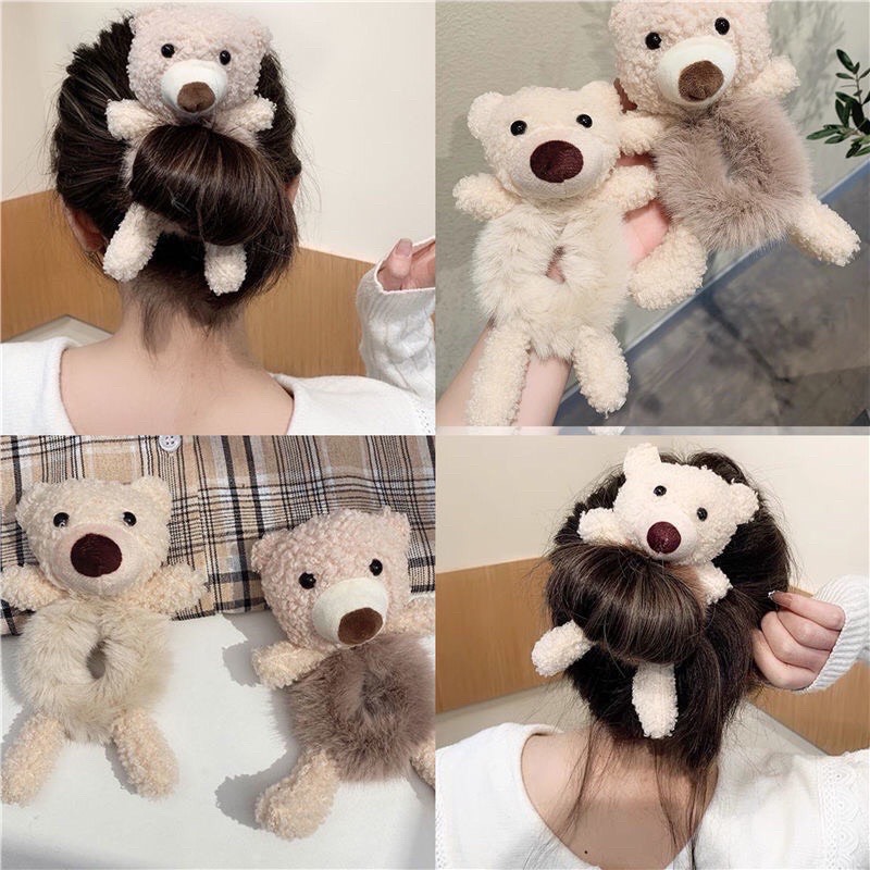 Dây cột tóc hình gấu nhồi bông đính lông dễ thương hot trend Hàn Quốc Tatitava