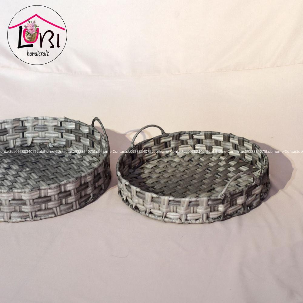 Lubihandicraft - Khay tròn đựng đồ đan dây nhựa xám trắng - xinh xắn