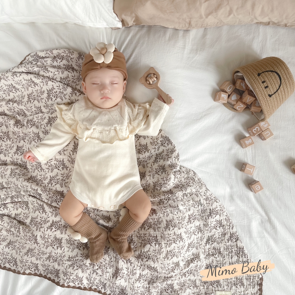 Set tất mũ turban đính hoa nâu be đáng yêu cho bé T49 Mimo Baby