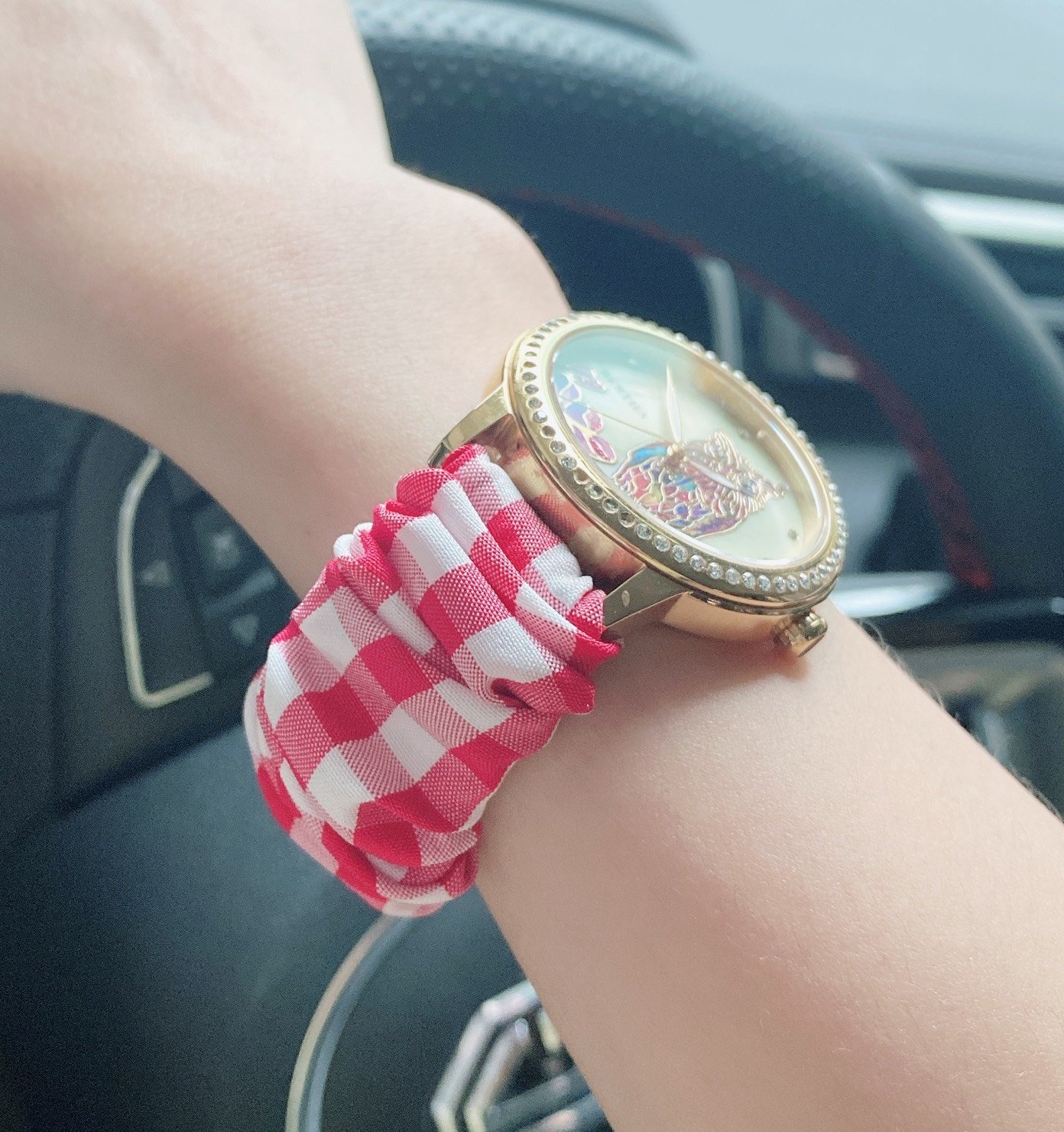 Dây đeo nữ Scrunchie vải kate sọc caro dây đeo đồng hồ kim, dây đeo đồng hồ Apple watch đáng yêu