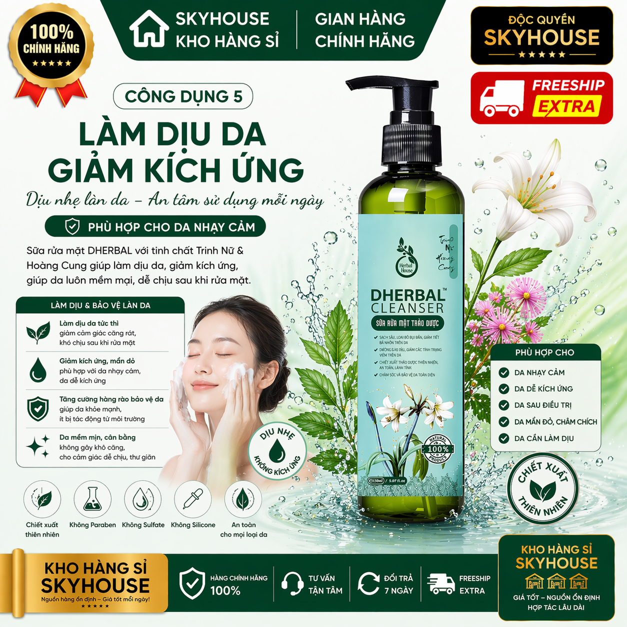 Sữa rửa mặt trị mụn thiên nhiên chiết xuất trinh nữ hoàng cung độc quyền DHERBAL chai 150ml dưỡng trắng da chính hãng