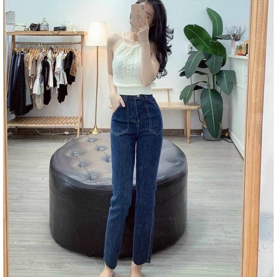 Quần bò ống đứng túi trước cạp cao Jeans cắt gấu basic phong cách sang chảnh Hàn Quốc YANSOO