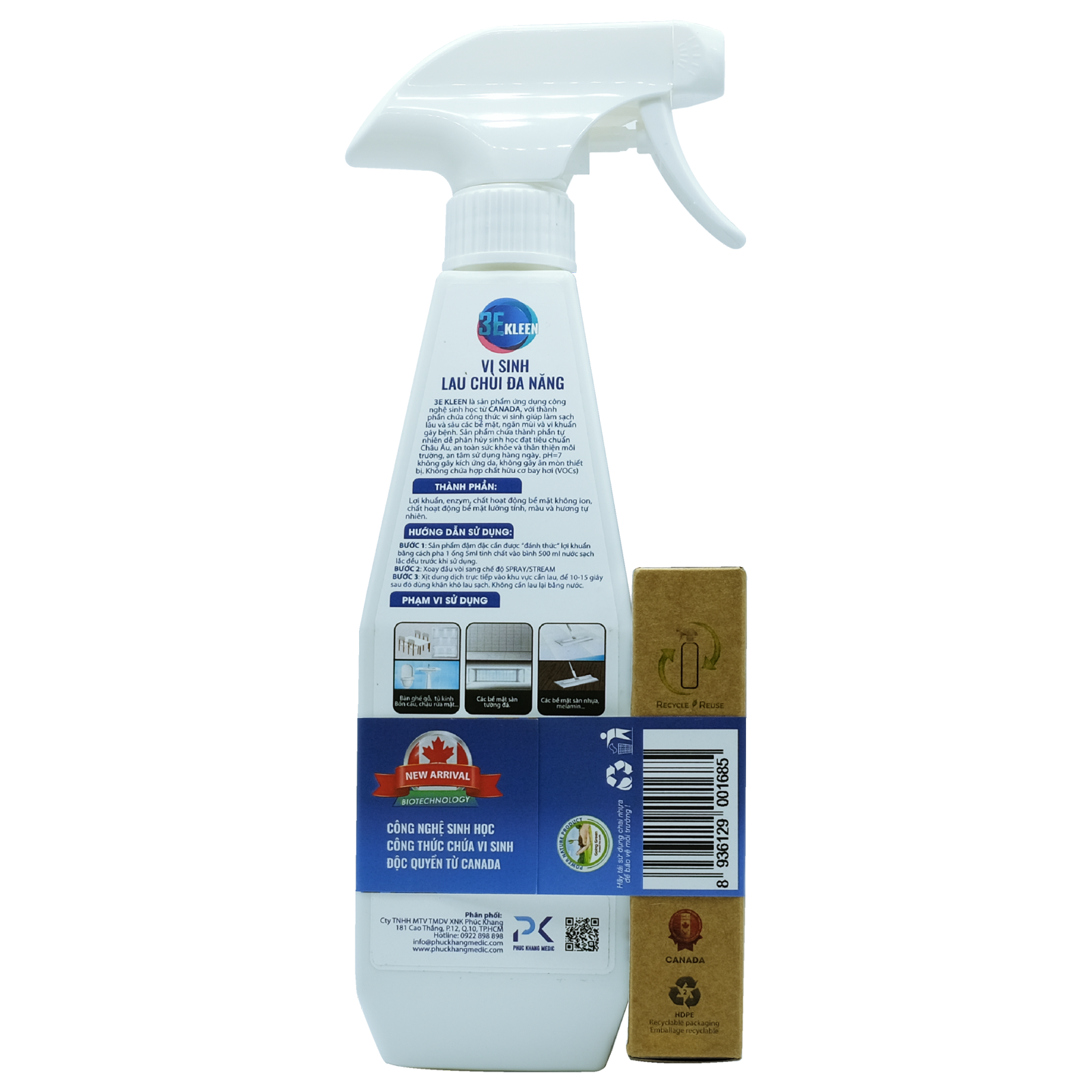 [NHÀ SẠCH THÌ MÁT] Bộ sản phẩm lau chùi đa năng sinh học 3E KLEEN - 01 chai 500ml và hộp 3 ống 5ml dung dịch đậm đặc