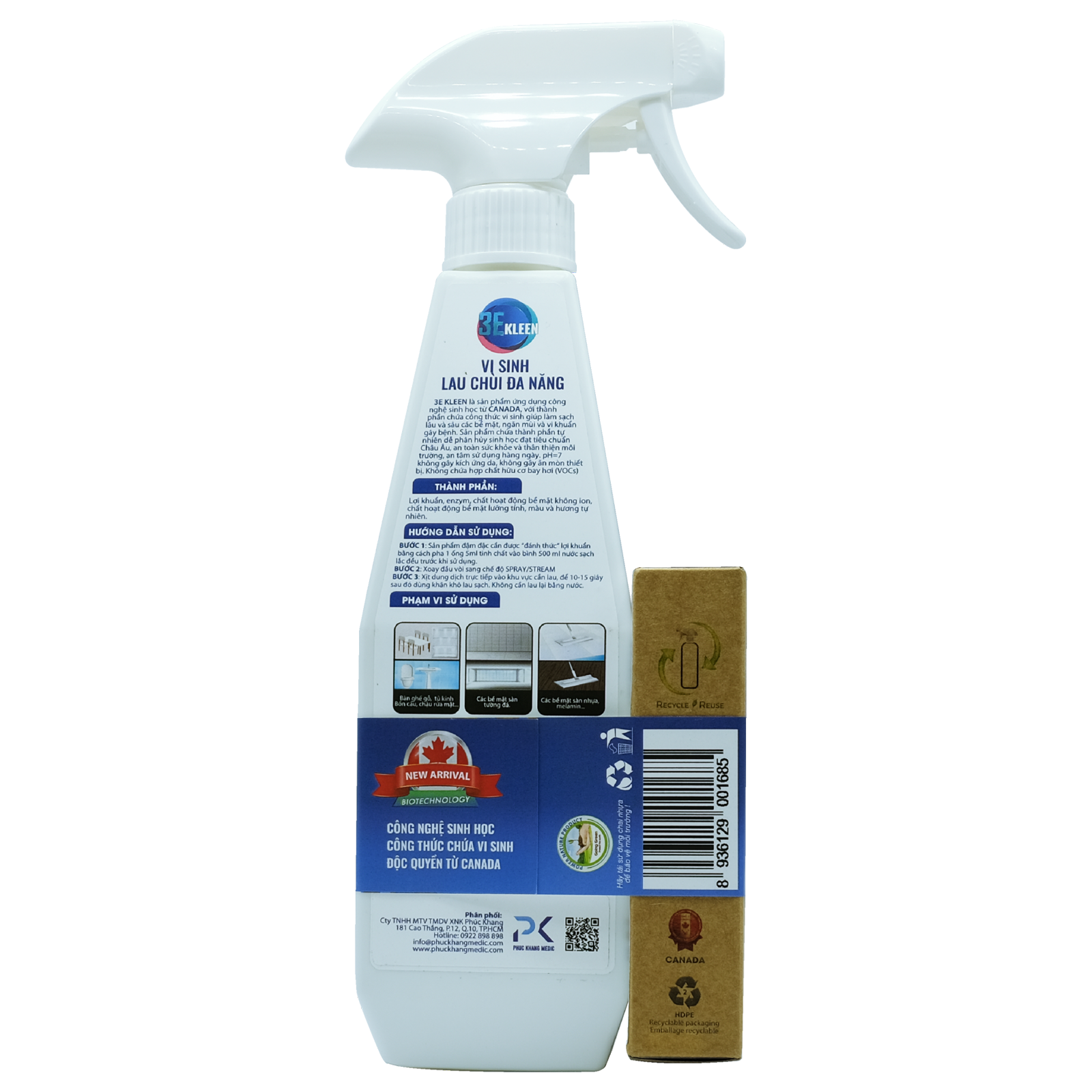 [NHÀ SẠCH THÌ MÁT] Bộ sản phẩm lau chùi đa năng sinh học 3E KLEEN - 01 chai 500ml và 01 ống 5ml dung dịch đậm đặc