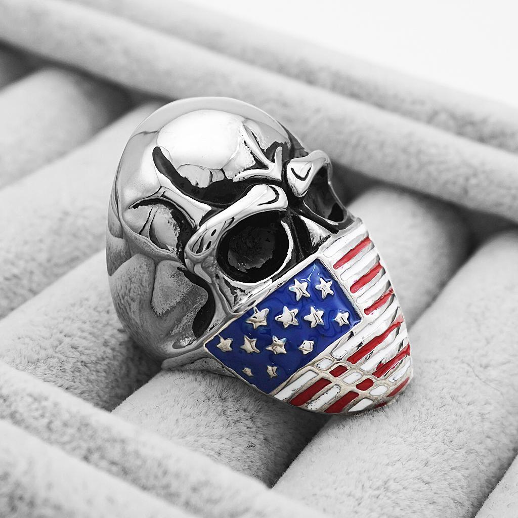 Punk Rock Personality Evil Skull Head Ring with Star American Flag Mask