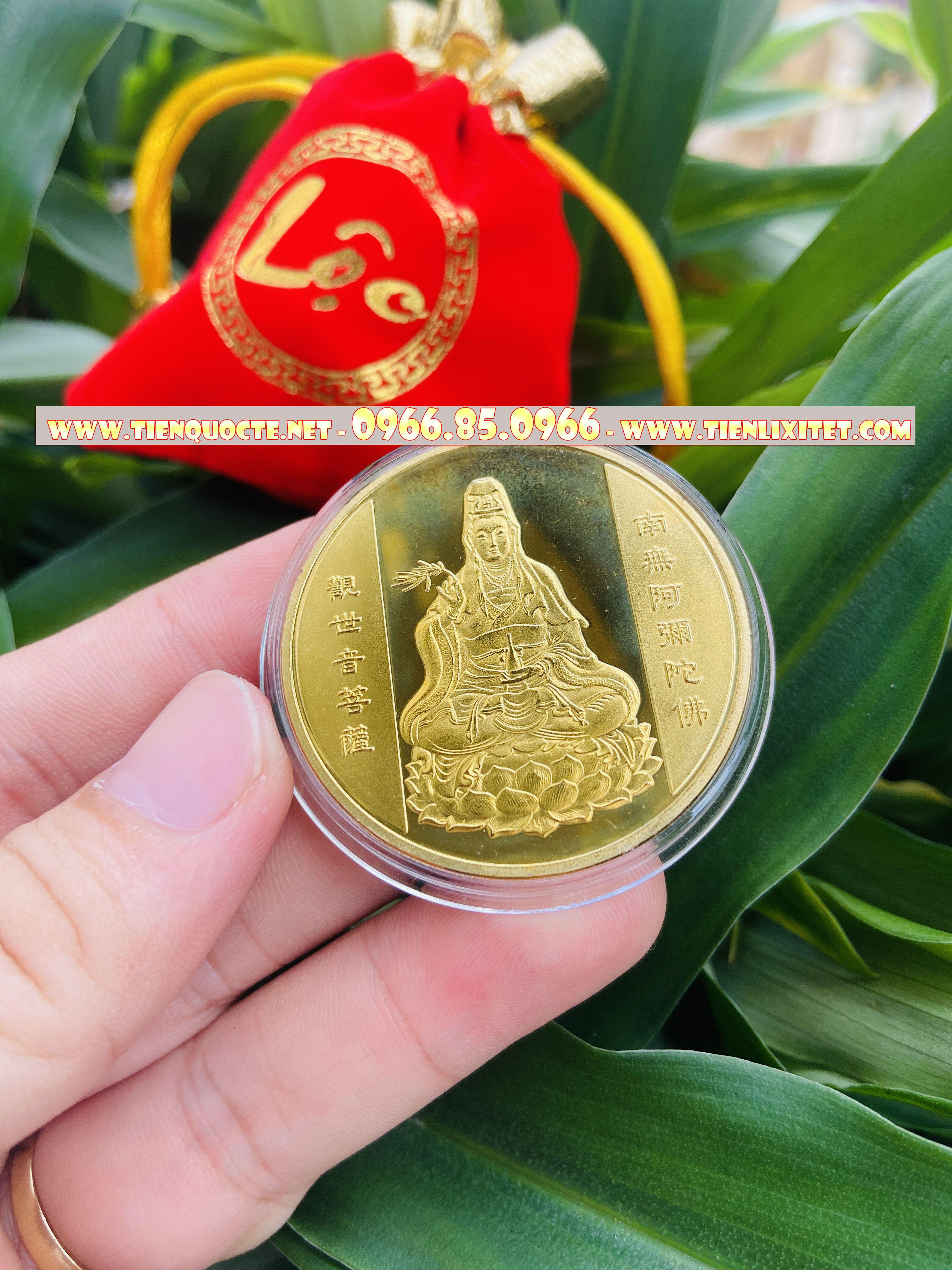 Bao lì xì Ti.ền 2023 Đồng Xu Quan Âm-Cá Chép Mạ Vàng Tặng Kèm Túi Gấm Tài Lộc May Mắn CTMSC000180