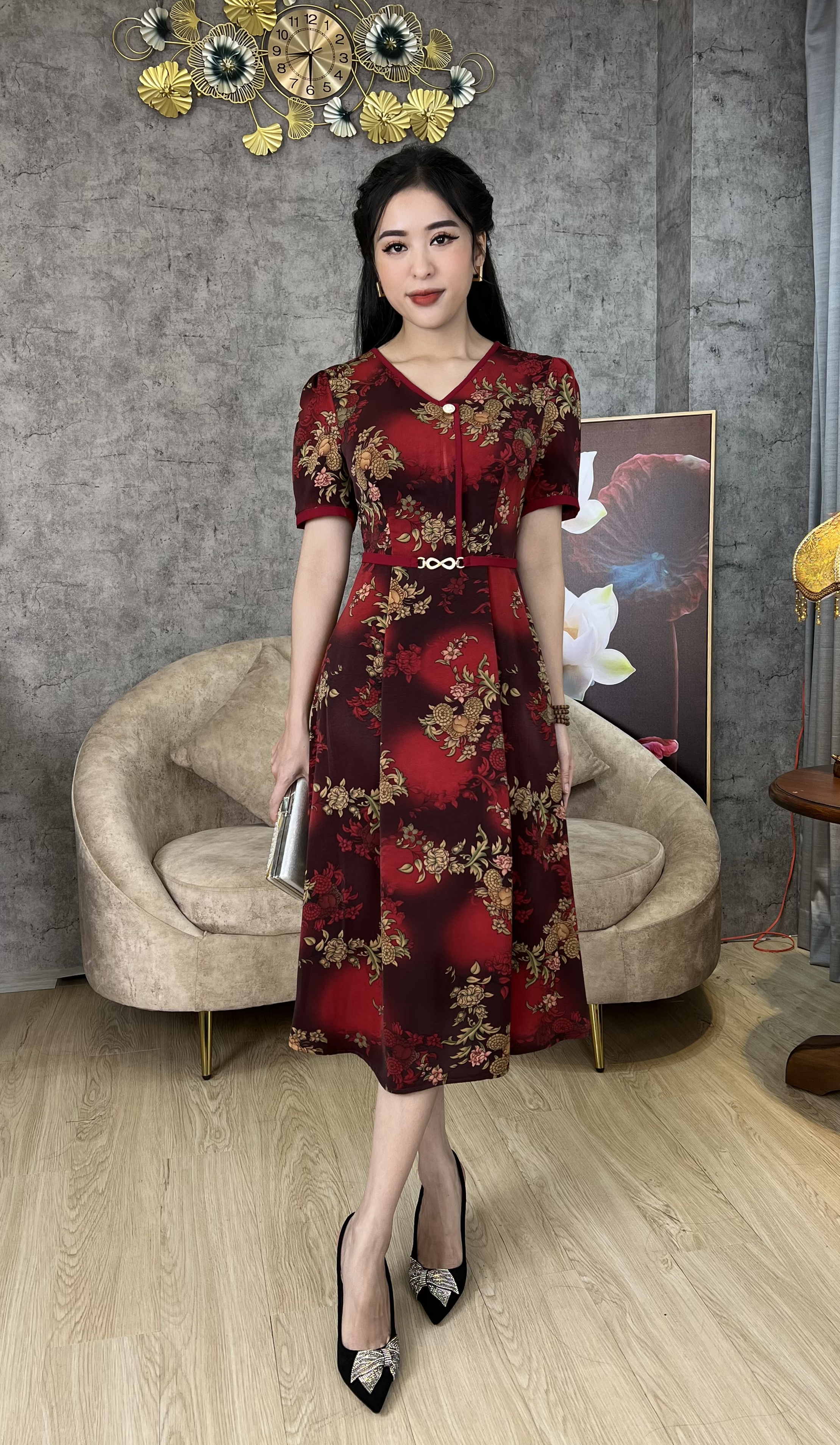 Đầm Trung Niên [ Linh Trà ] (TM 595) Cao Cấp Màu Sắc Trẻ Trung Tươi Sáng Họa Tiết Sang Trọng Đi Làm Đi Tiệc Cho Quý Bà