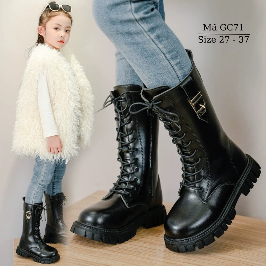 Bốt cổ cao cho bé gái 3 - 12 tuổi dáng dài tới gần đầu gối màu đen sành điệu phong cách Anh Quốc NHÍM SHOP GC71