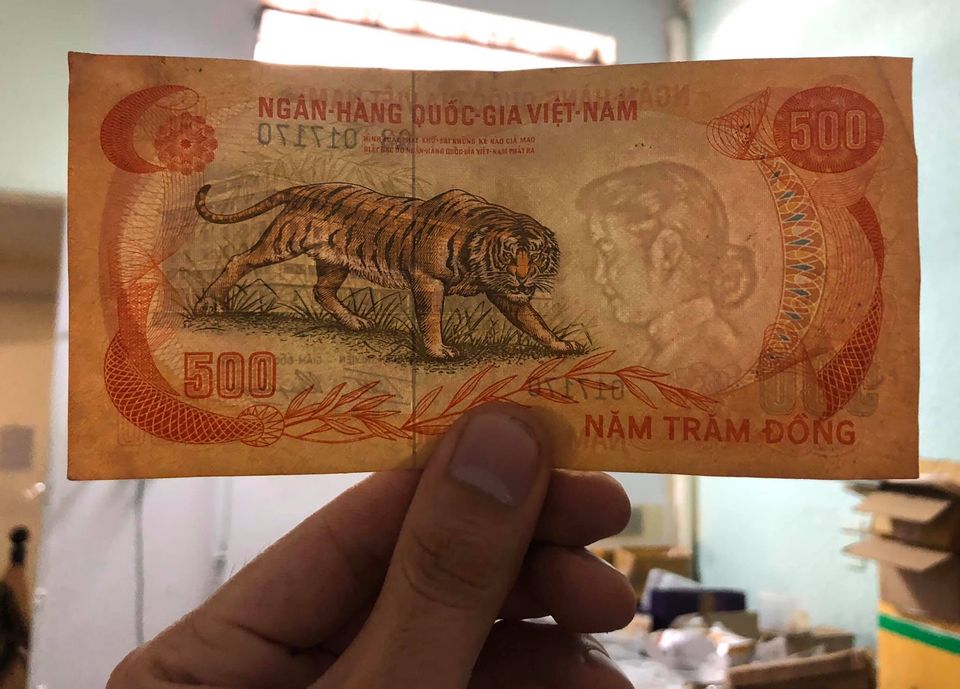 Tờ 500 đồng con Cọp 1972, đồng tiển cổ Thanh Thúy, bộ thú Miền Nam Việt Nam
