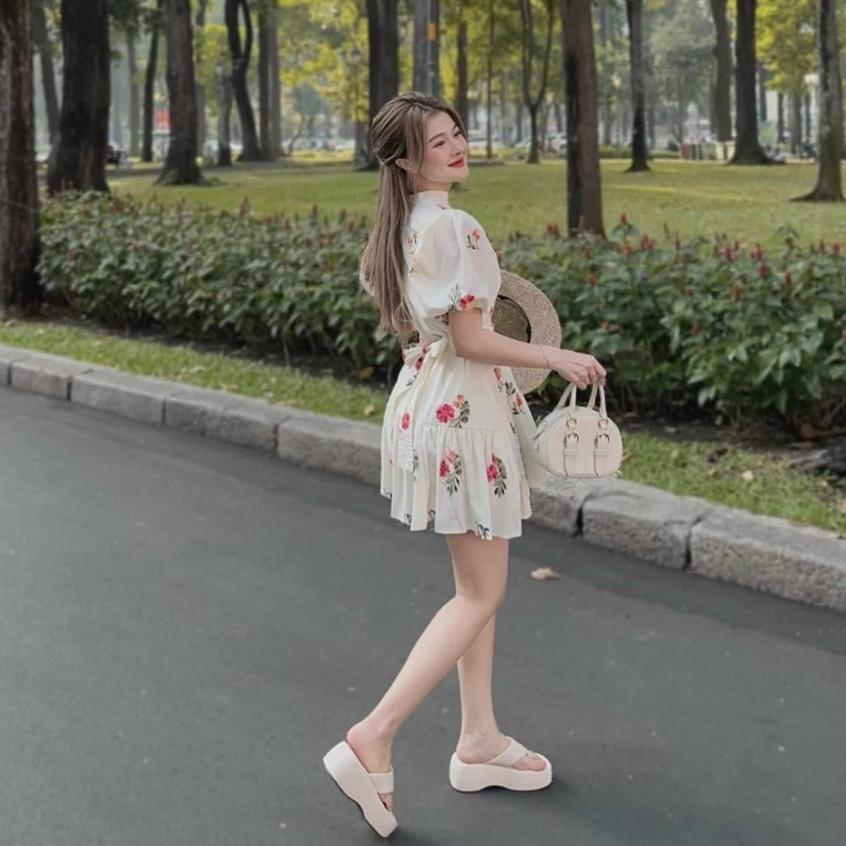 Đầm váy nữ tay phồng cổ chữ V thắt eo chít tầng xòe hàng thiết kế Kgia fashion