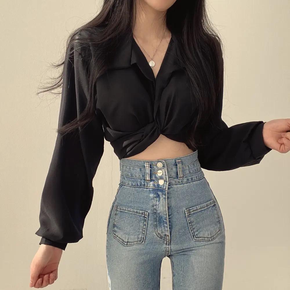 MS756 Áo sơ mi kiểu xoắn eo croptop hở rốn thắt nơ lưng