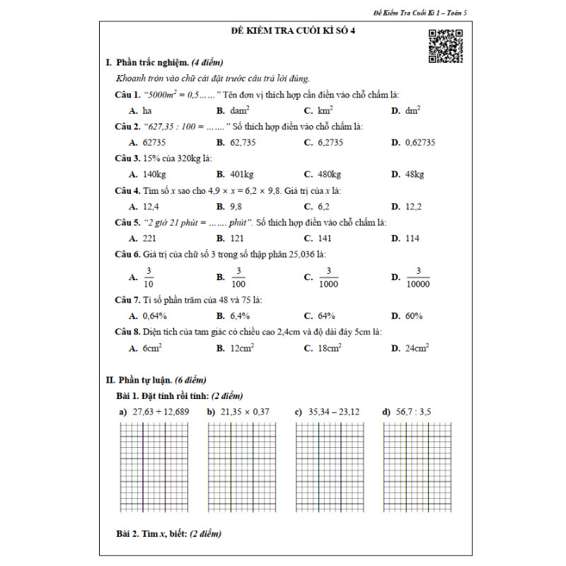 Đề Kiểm Tra Toán 5 - Tập 1