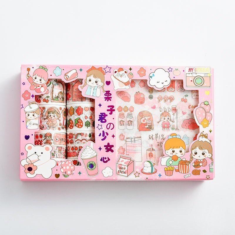 Set Hộp Washi Tape Cô Bé Đáng Yêu Băng Keo Hình Dán Cute Sticker Anime Trang Trí Sổ Combo 10 Cuộn 10 Stickers Cute