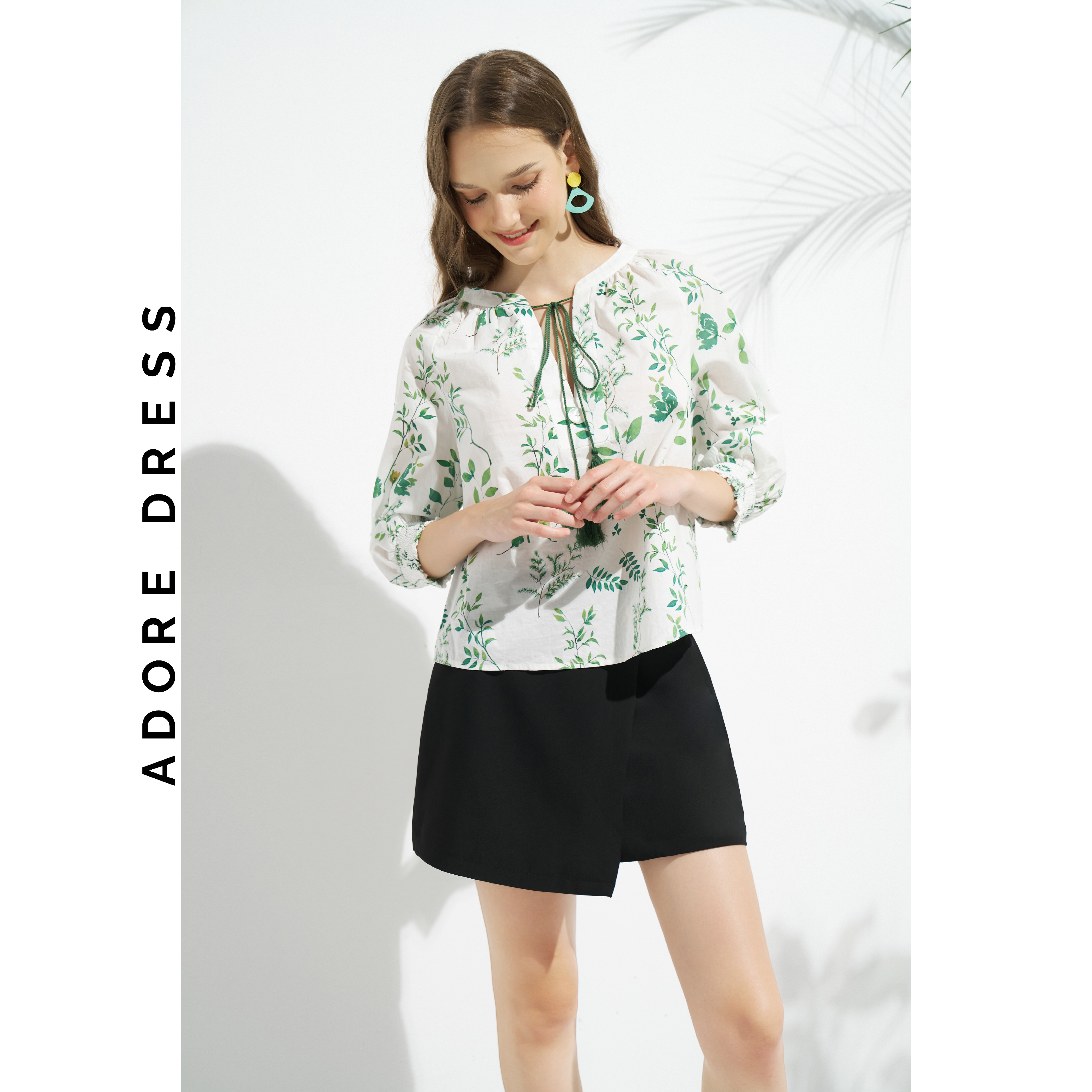 Áo sơ mi Tops casual style thô lụa hoa nhỡ green 311TO1026 ADORE DRESS