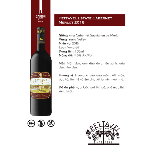 Rượu vang đỏ Pettavel Estate Carbernet Merlot 2018 750ml 14.8% Alc