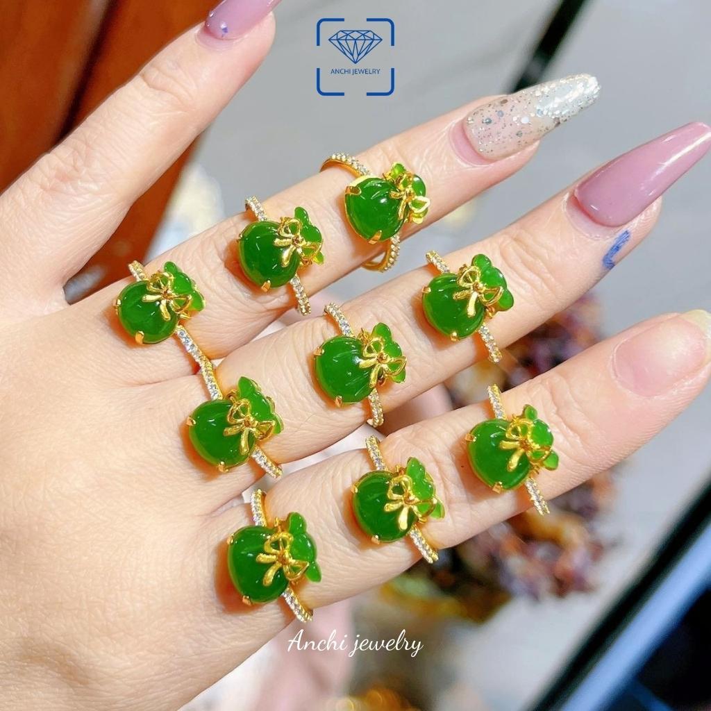 Nhẫn túi tiền tài lộc đá n.g.ọ.c bích phong thủy, Anchi jewelry