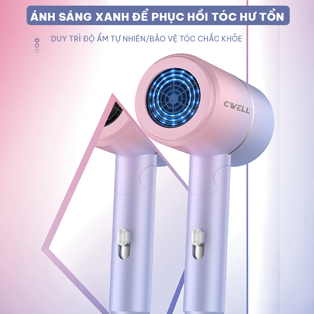 Máy sấy tóc mini CWELL gập gọn 2 chiều nóng lạnh, công nghệ ion âm hạn chế hư tổn, công suất 1200W C01HD 