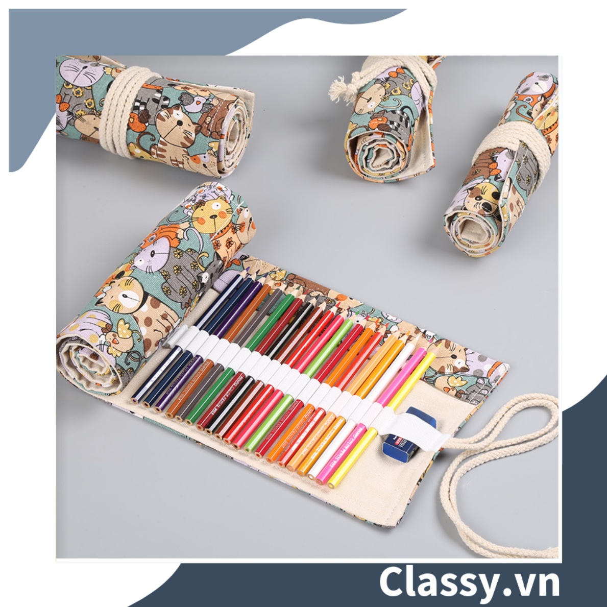 Túi đựng bút dạng cuộn vải cotton, phong cách vintage hình mèo PK617
