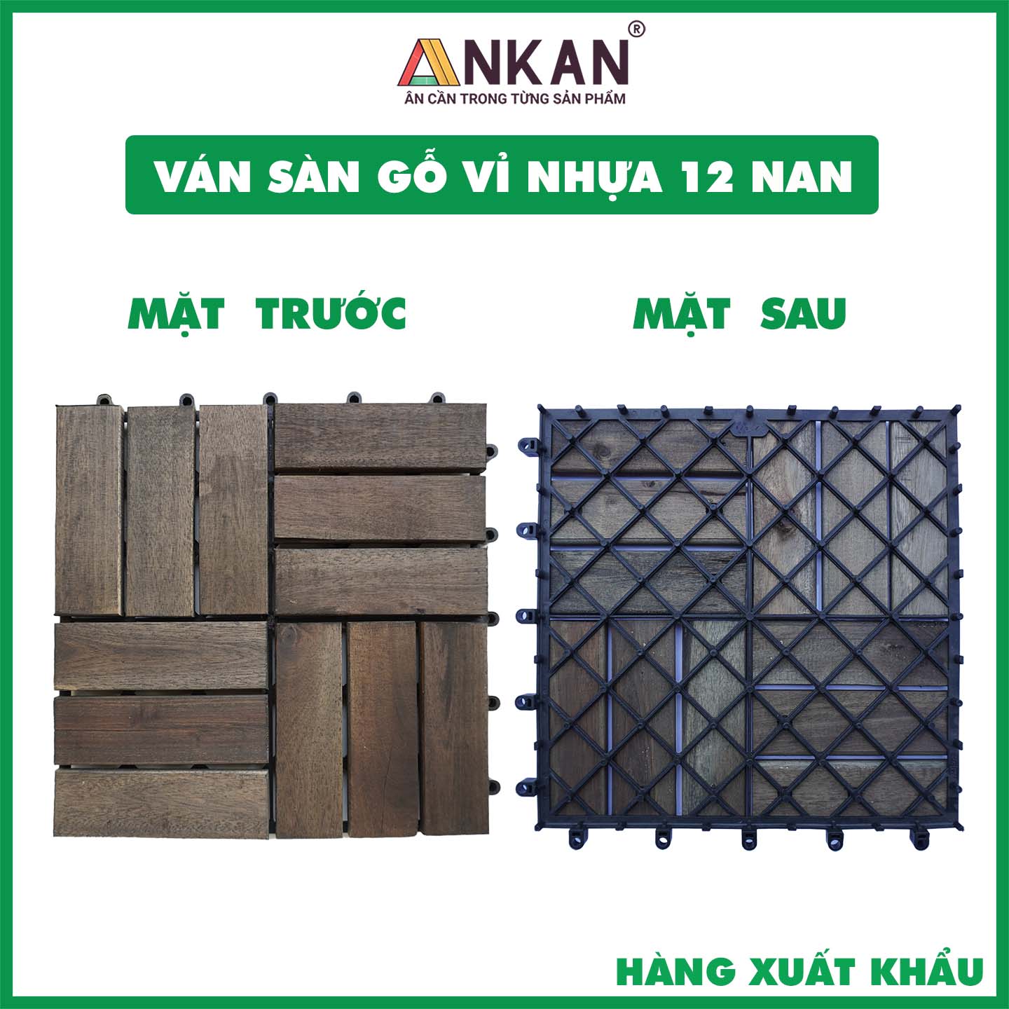 Vỉ Gỗ Lót Sàn Ban Công Thương Hiệu ANKAN Gu Màu Đen 12 Nan, Ván Lót Sàn Gỗ Tự Nhiên Dùng Để Lót Sân Vườn, Hồ Bơi, Phòng Spa, Siêu Bền, Chịu Nước Tốt, Chống Trơn Trượt, Tiêu Chuẩn Xuất Khẩu