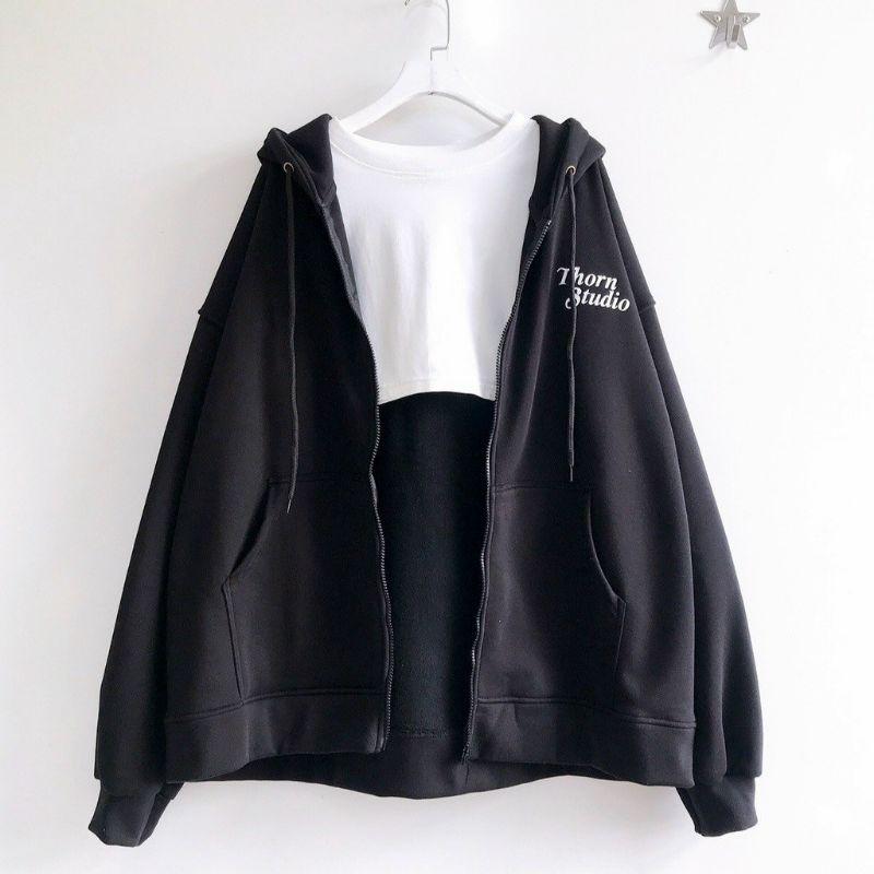 Áo khoác nỉ RIPOFFF zip kéo form rộng unisex,Mẫu áo hoodie cặp che nắng,chống lạnh 2 màu trắng,đen thời trang ulzzang