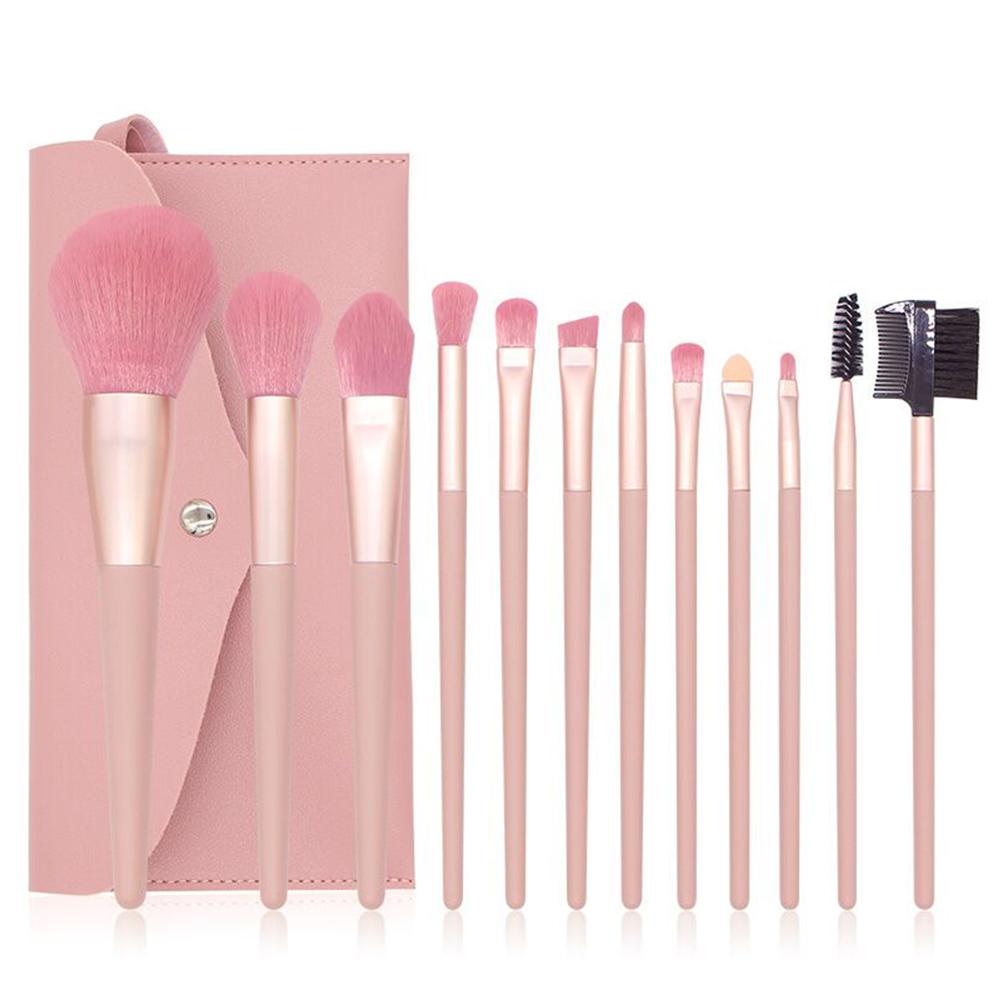 Bộ cọ trang điểm 12 cây với kích thước khác nhau kèm túi đựng bằng da PU màu hông xinh xắn