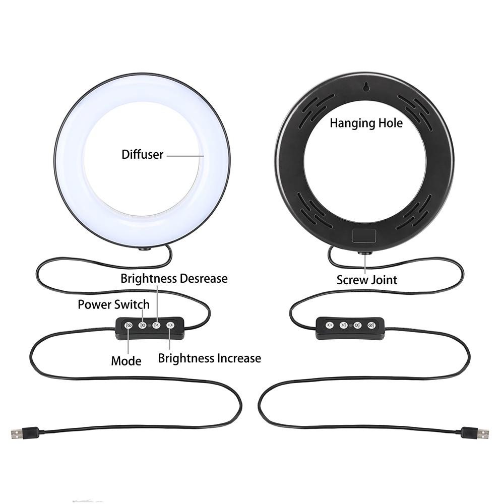 Đèn LED vòng để bàn 8 inch 3 Chế độ chiếu sáng USB có thể điều chỉnh độ sáng Được hỗ trợ bằng giá đỡ điện thoại Mini Ball Head Tripod Stand Điều khiển từ xa