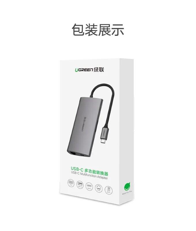 Ugreen UG50538CM121TK 15CM màu Xám Bộ chuyển đổi TYPE C sang 3 USB 3.0 + HDMI + LAN + TF SD + nguồn TYPE C vỏ nhôm - HÀNG CHÍNH HÃNG