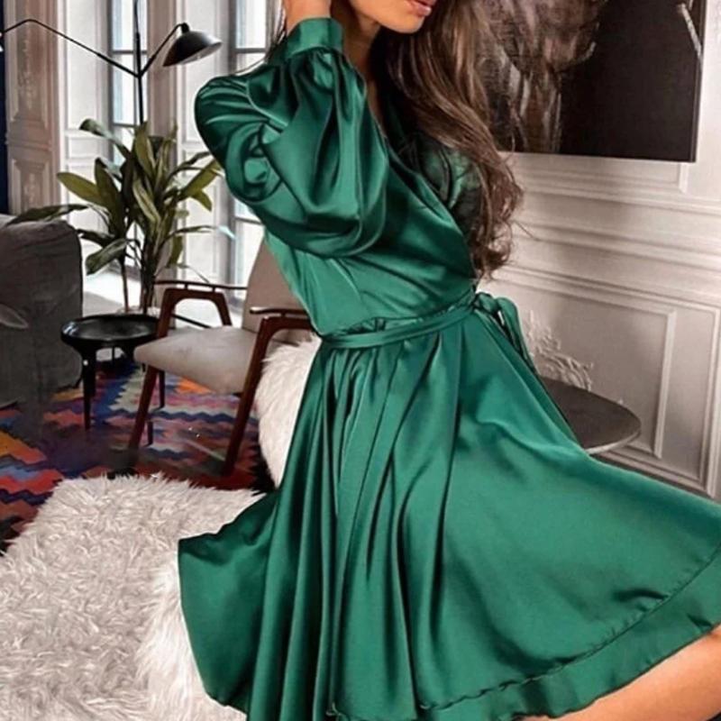 2020 MÙA HÈ THU satin Casual Nữ Nữ Cổ Chữ V Thắt Lưng vintage Thanh Lịch Đầm Dự Tiệc Tay Phồng Chữ A Mini