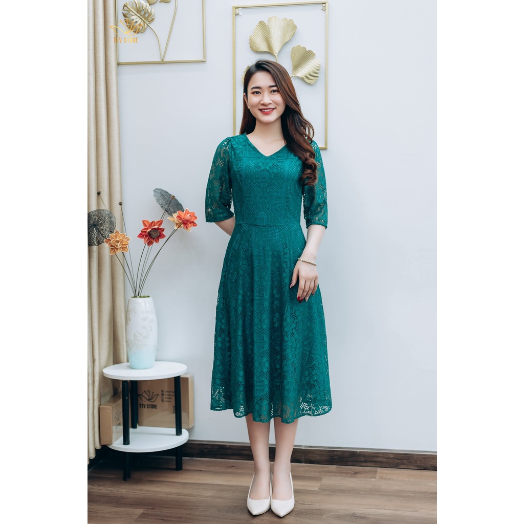 Đầm xòe ren thiết kế TTV Store Cổ tim tay lỡ gam màu Xanh lý thời trang TTV1219 tươi sáng, sang trọng