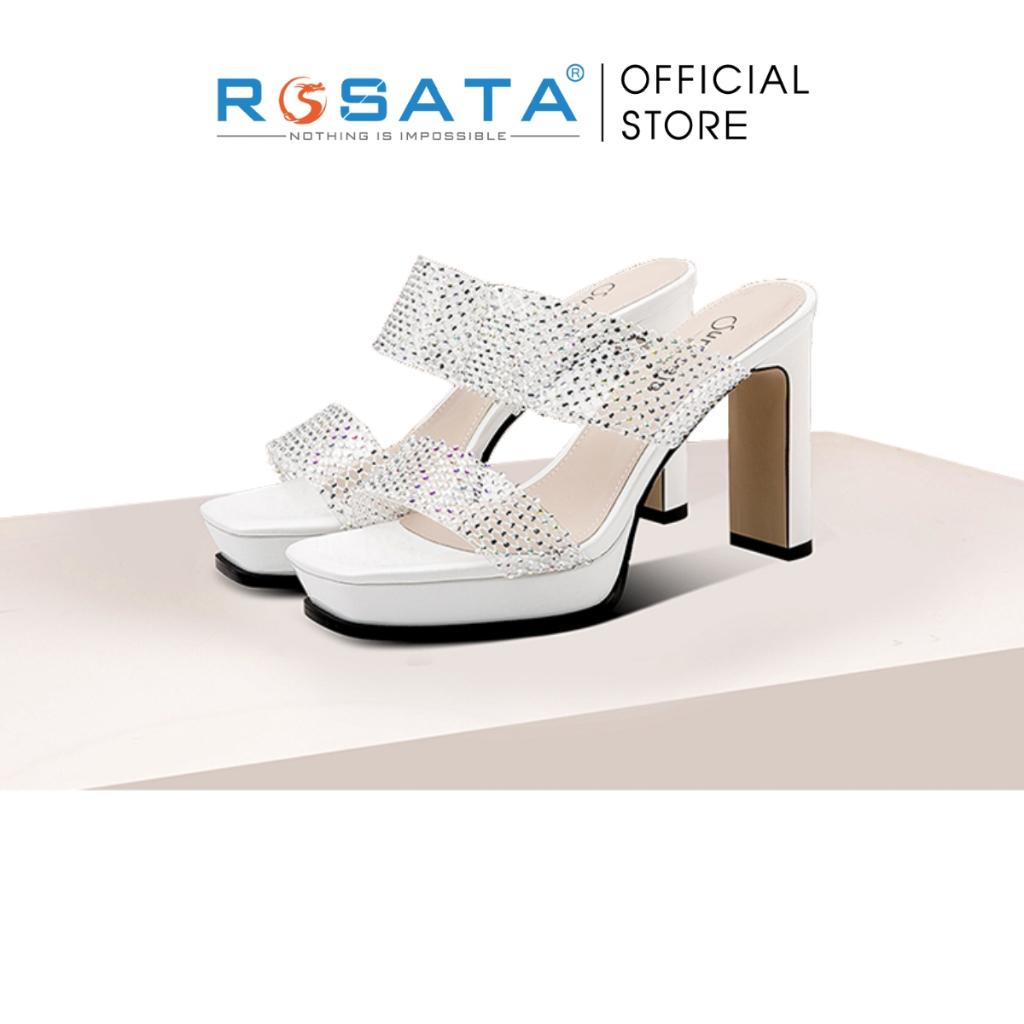 Giày sandal cao gót nữ ROSATA RO507 xỏ ngón mũi vuông quai ngang lưới gót nhọn cao 8cm xuất xứ Việt Nam - Trắng