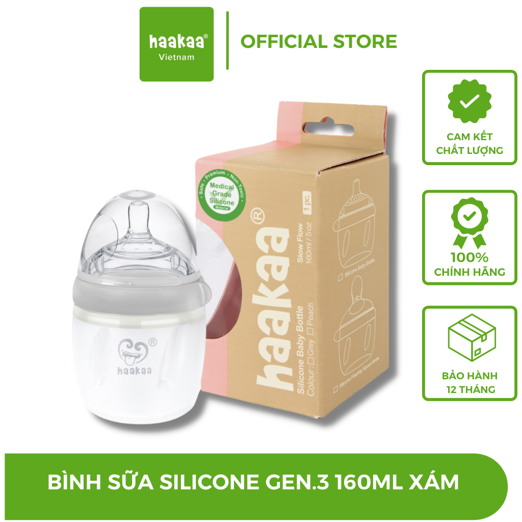 Bình sữa silicone Gen.3 Haakaa. Không chứa BPA, PVC và phthalate. Dễ dàng chuyển đổi cốc hứng sữa, bình trữ sữa, bình thìa ăn dặm