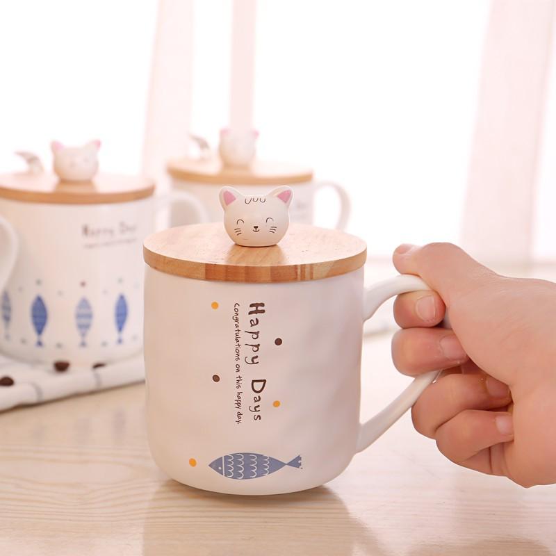 Cốc sứ có kèm thìa và nắp mèo gỗ xinh xắn 400ml - LOẠI 1