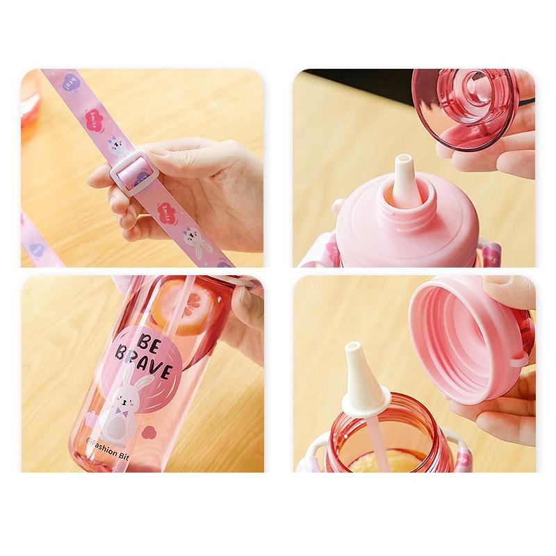 Bình nước đi học cho bé Fashion Bit có ống hút và quai đeo 520ml siêu kute