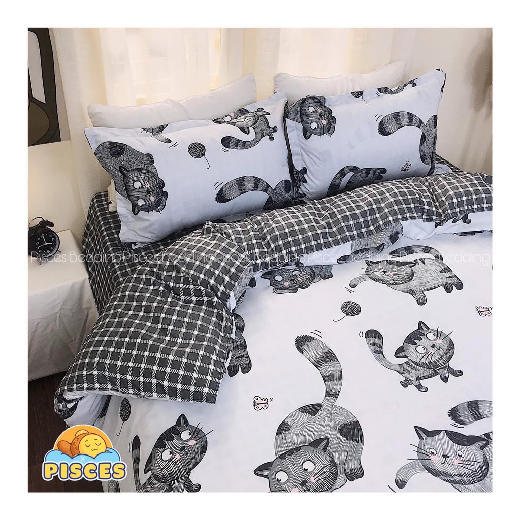 Bộ Chăn Ga Gối Cotton Poly Hình Mèo Đen Dễ Thương, Chất Vải Không Xù, Không Phai Màu