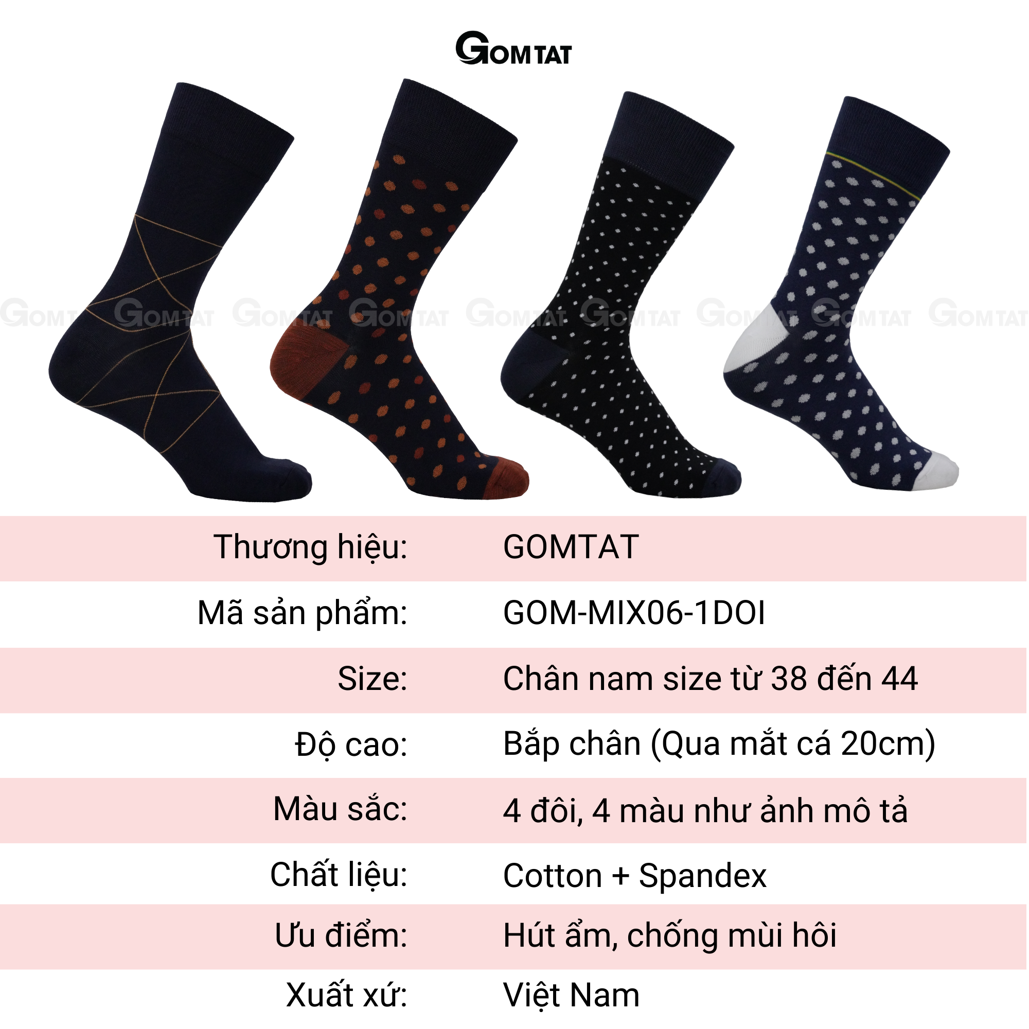 Hộp 4 đôi tất vớ nam đi giày tây công sở cổ cao GOMTAT mẫu MIX06, chất liệu cotton cao cấp thoáng khí - GOM-MIX06-CB4