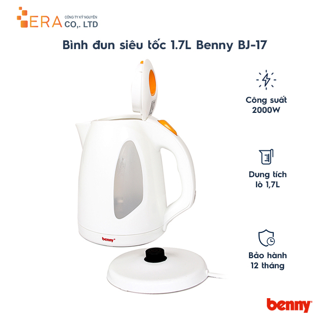 Bình đun siêu tốc Benny BJ17 1.7L Malaysia - màu ngẫu nhiên - Hàng chính hãng