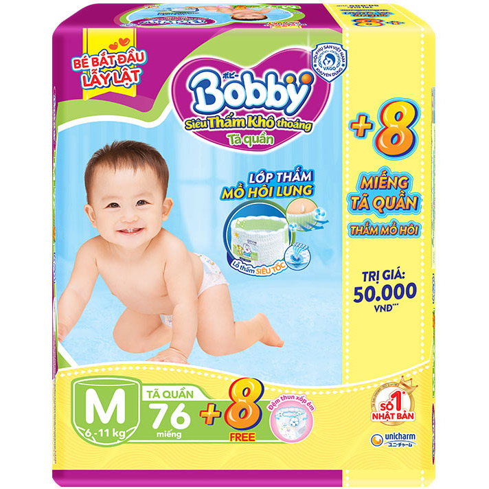 Tã quần Bobby - Đệm Lưng Thấm Mồ Hôi M76 (76 miếng) - Tặng 8 miếng trong gói