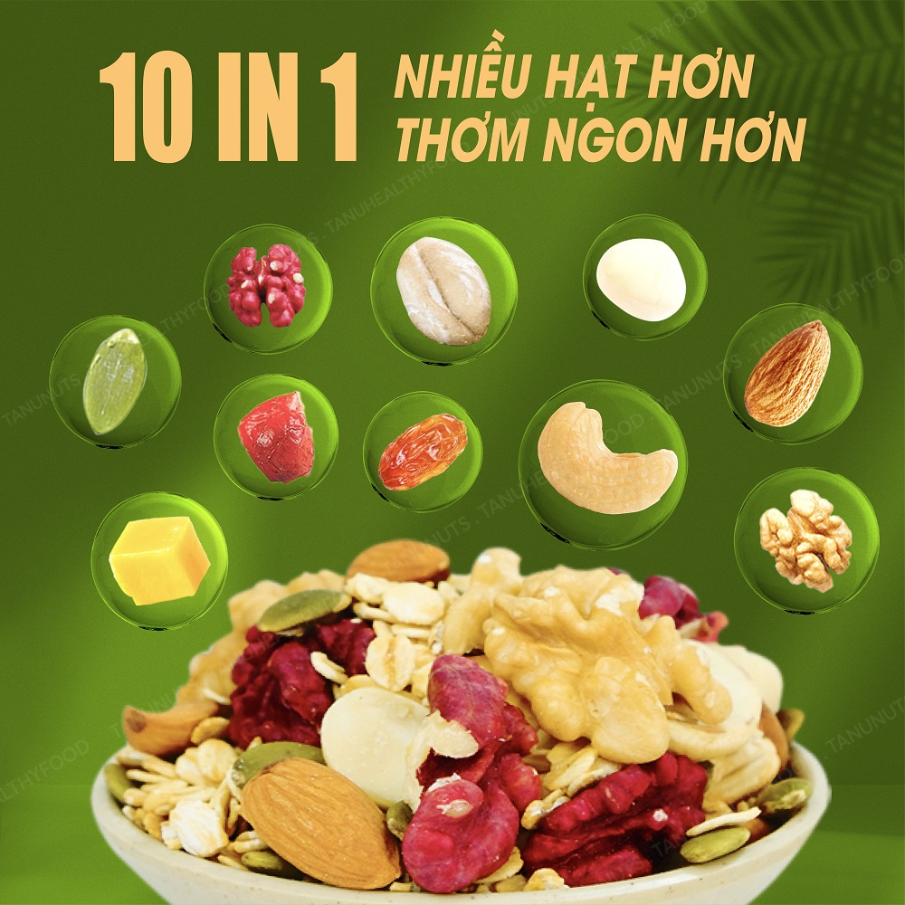 Granola siêu hạt 35% yến mạch TANU NUTS hũ 500g, ngũ cốc granola ăn kiêng giảm cân dinh dưỡng