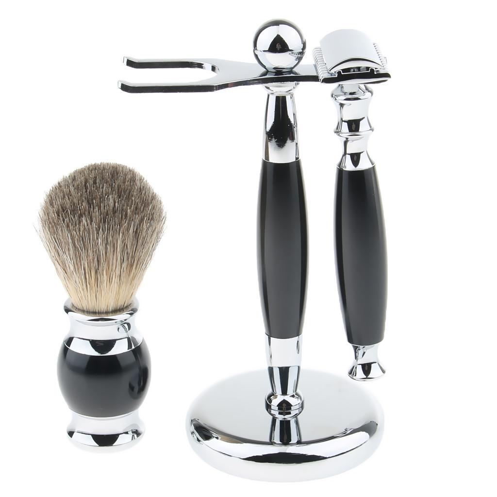 3 In 1 Black Men Beard Shaving Kit Set - Safety  + Brush + Holder Stand, Professional Grooming Tool