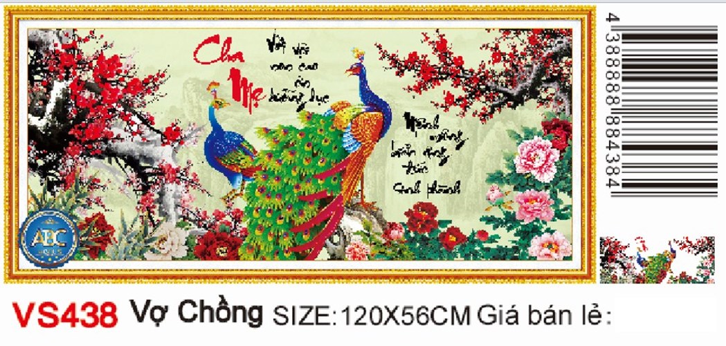 Tranh đính đá cha mẹ chim công hoa đào VS438 - 120 x 56 cm - chưa đính