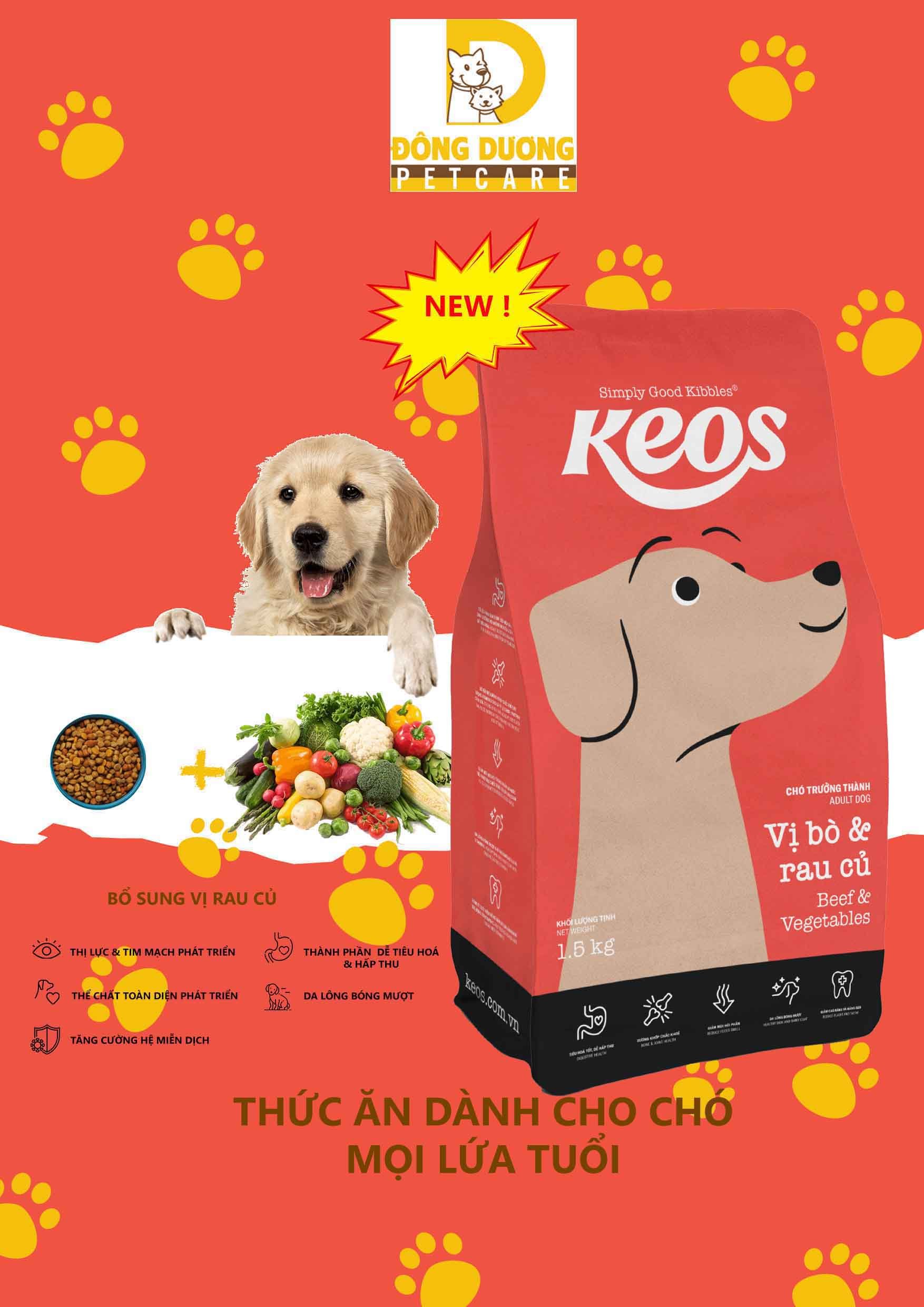 Thức ăn hạt KEOS cho chó lớn vị thịt bò và rau củ gói 400g - 1.5kg