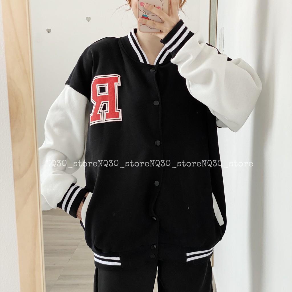 Áo Khoác Bomber R NQ30 Nỉ Bông Nam Nữ Form Rộng Nút Bấm Ullang Unisex