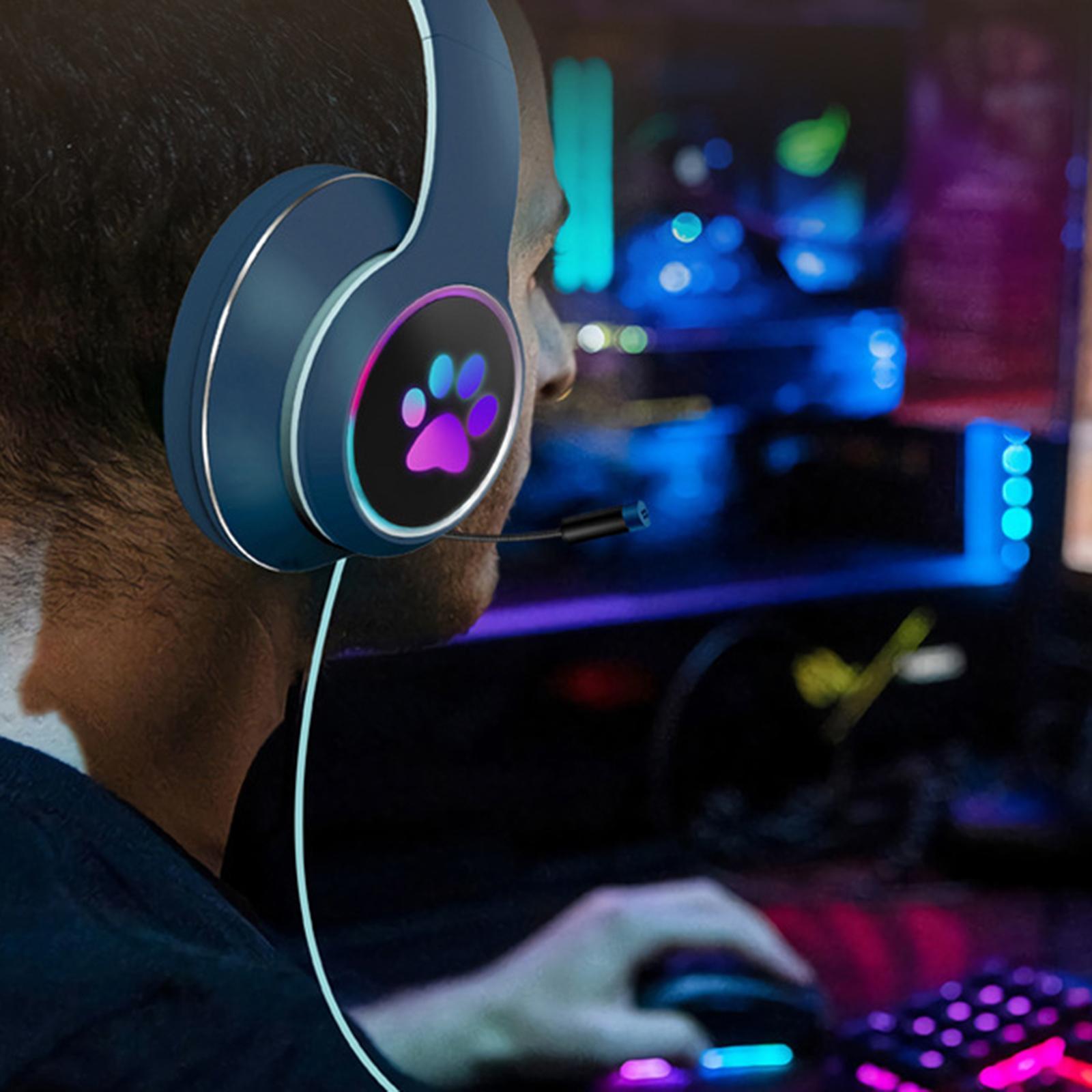 2 Pcs Cat Ear Wired Over-Head Headset RGB Light for PC Noise Reduction