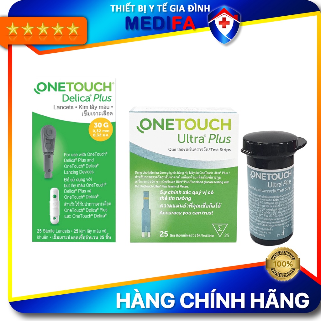 Combo 25 que thử đường huyết One Touch Ultra Plus và 25 kim lấy máu One Touch Delica Plus, Hàng chính hãng