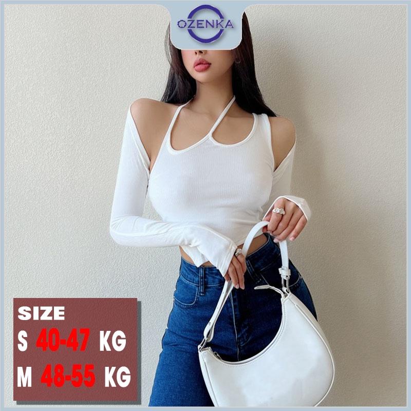 Set áo croptop tay dài hở vai áo ba lỗ nữ vạt nhọn OZENKA , áo crt ôm body gợi cảm mềm mịn thấm hút mồ hôi