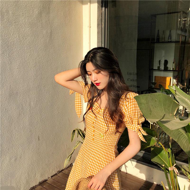 CHENGRUI Trang phục mùa hè 2021 Pháp Vintage ngọt ngào mối tình đầu siêu cổ tích Plattern váy sen phong cách phương Tây thắt lưng váy